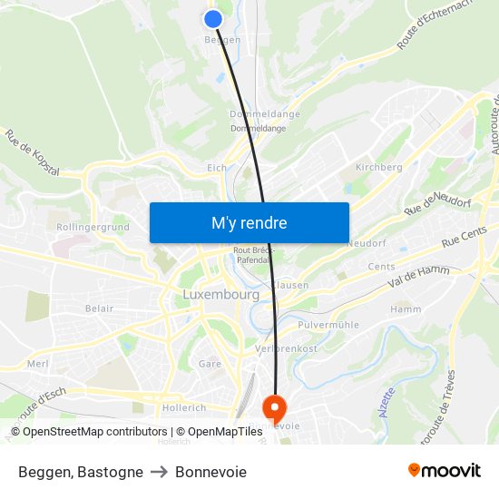 Beggen, Bastogne to Bonnevoie map