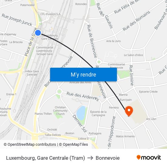 Luxembourg, Gare Centrale (Tram) to Bonnevoie map