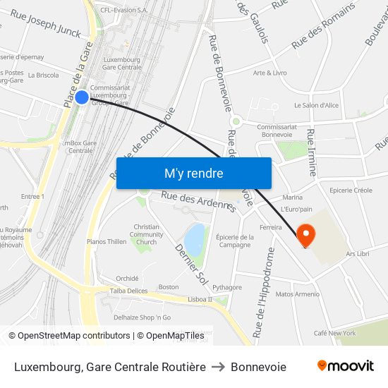 Luxembourg, Gare Centrale Routière to Bonnevoie map