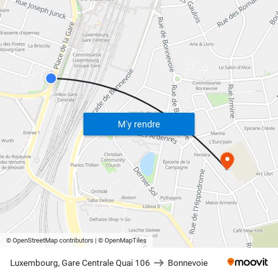 Luxembourg, Gare Centrale Quai 106 to Bonnevoie map