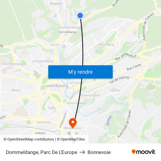 Dommeldange, Parc De L'Europe to Bonnevoie map