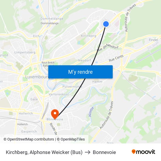 Kirchberg, Alphonse Weicker (Bus) to Bonnevoie map