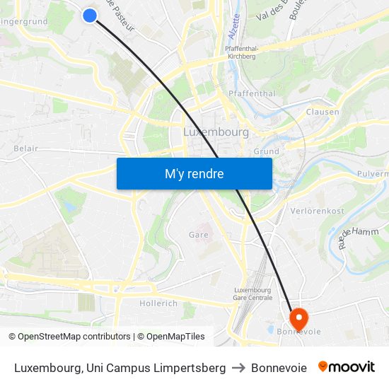 Luxembourg, Uni Campus Limpertsberg to Bonnevoie map