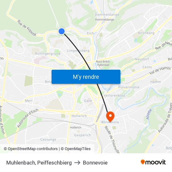 Muhlenbach, Peiffeschbierg to Bonnevoie map