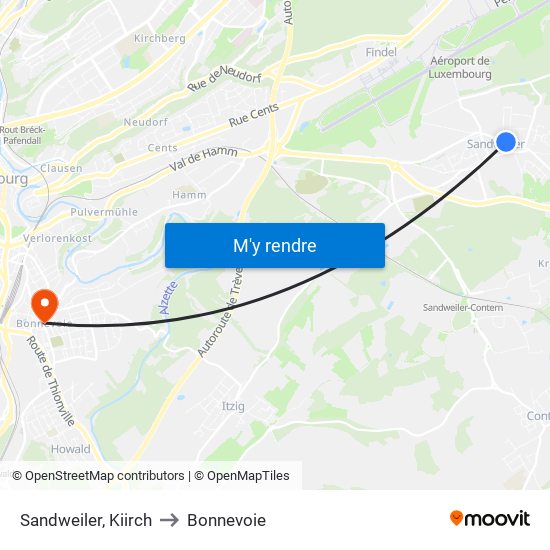Sandweiler, Kiirch to Bonnevoie map