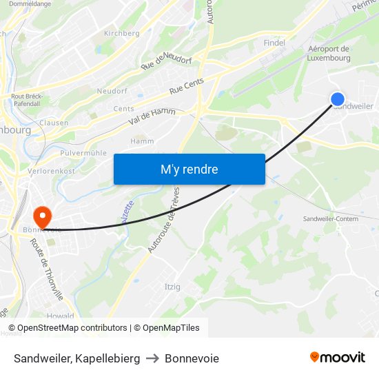 Sandweiler, Kapellebierg to Bonnevoie map