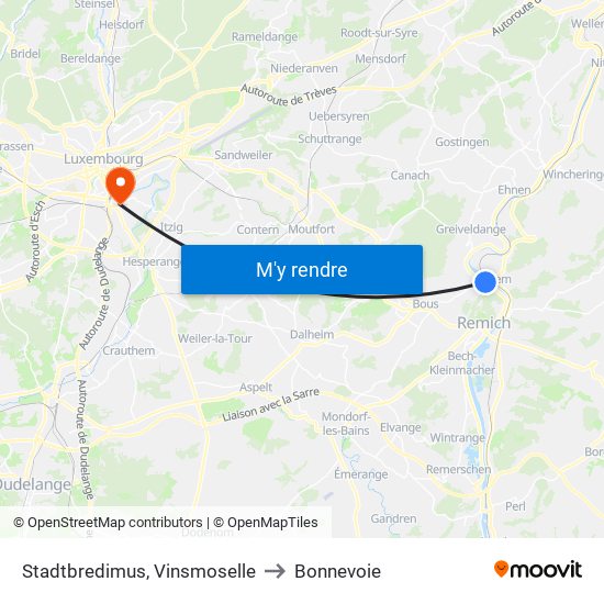 Stadtbredimus, Vinsmoselle to Bonnevoie map