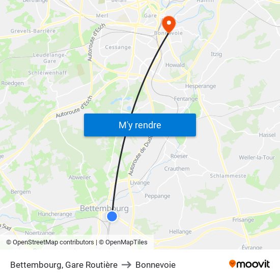 Bettembourg, Gare Routière to Bonnevoie map