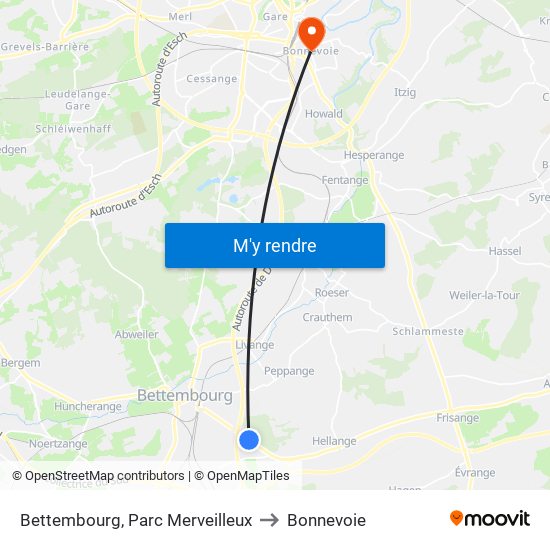 Bettembourg, Parc Merveilleux to Bonnevoie map