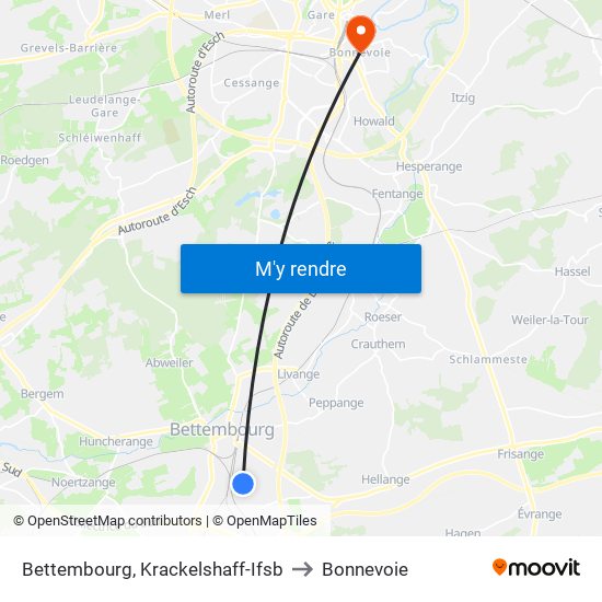 Bettembourg, Krackelshaff-Ifsb to Bonnevoie map