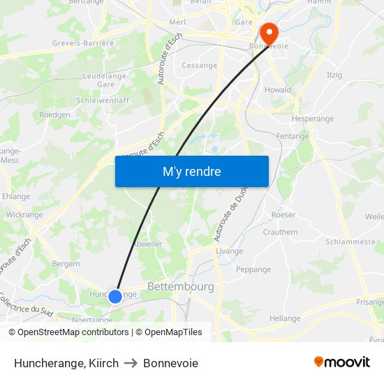 Huncherange, Kiirch to Bonnevoie map