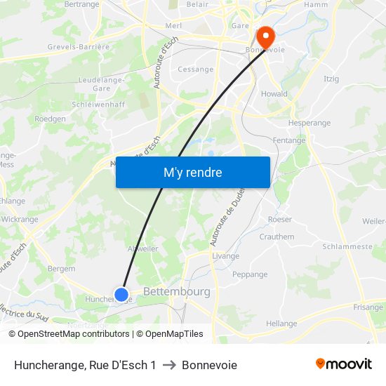 Huncherange, Rue D'Esch 1 to Bonnevoie map