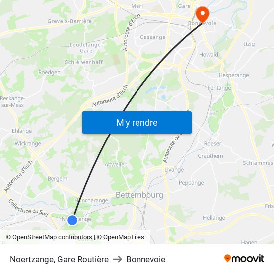 Noertzange, Gare Routière to Bonnevoie map