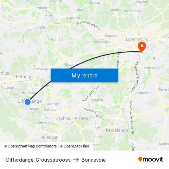 Differdange, Groussstrooss to Bonnevoie map