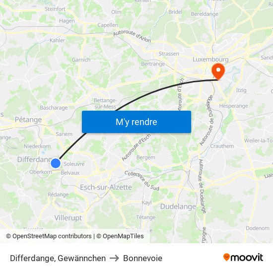 Differdange, Gewännchen to Bonnevoie map