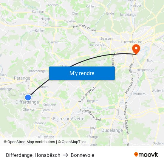 Differdange, Honsbësch to Bonnevoie map