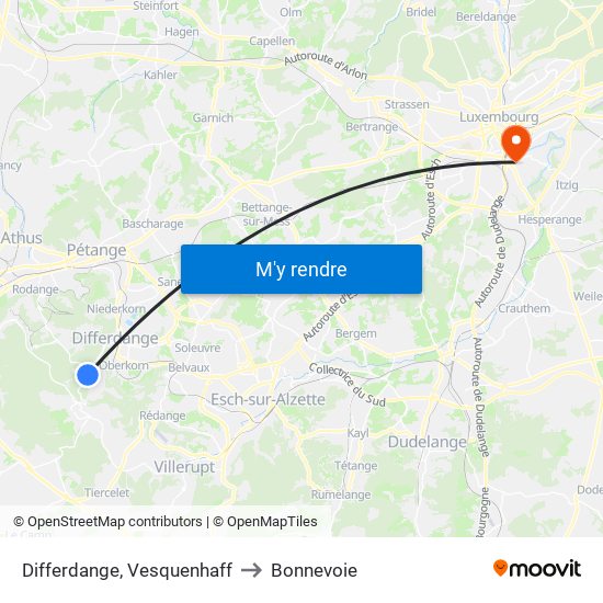 Differdange, Vesquenhaff to Bonnevoie map