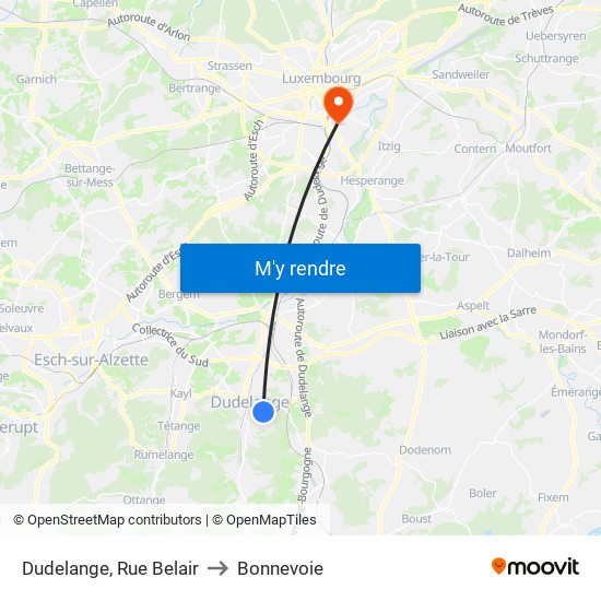 Dudelange, Rue Belair to Bonnevoie map