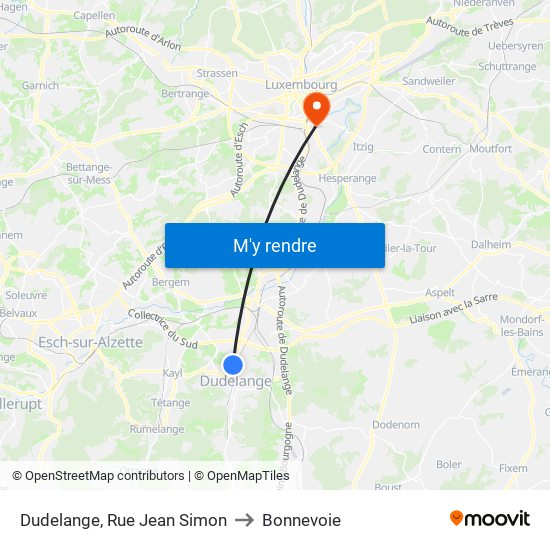 Dudelange, Rue Jean Simon to Bonnevoie map
