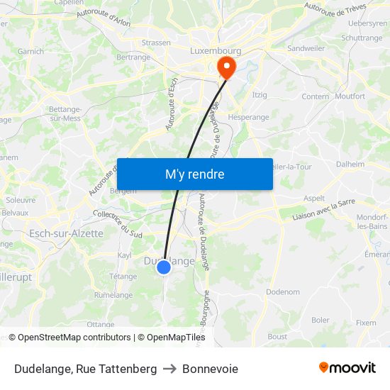 Dudelange, Rue Tattenberg to Bonnevoie map
