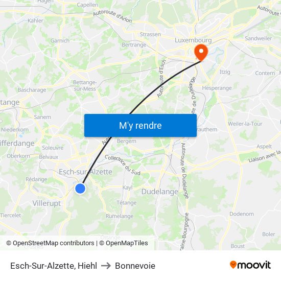Esch-Sur-Alzette, Hiehl to Bonnevoie map