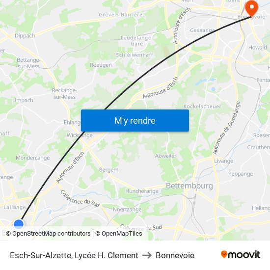 Esch-Sur-Alzette, Lycée H. Clement to Bonnevoie map