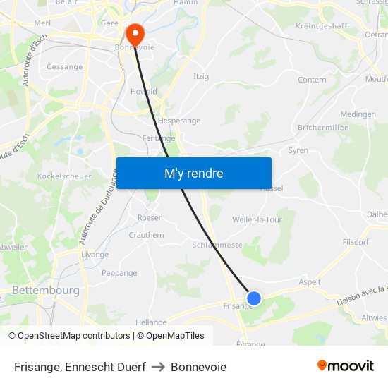 Frisange, Ennescht Duerf to Bonnevoie map