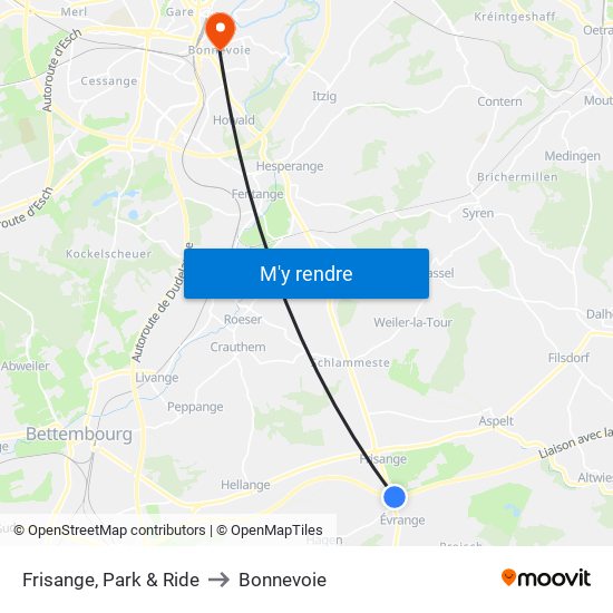 Frisange, Park & Ride to Bonnevoie map