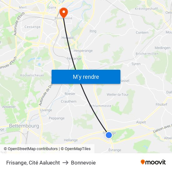 Frisange, Cité Aaluecht to Bonnevoie map
