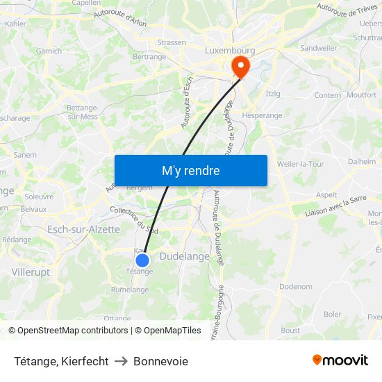 Tétange, Kierfecht to Bonnevoie map