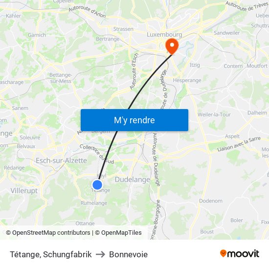 Tétange, Schungfabrik to Bonnevoie map