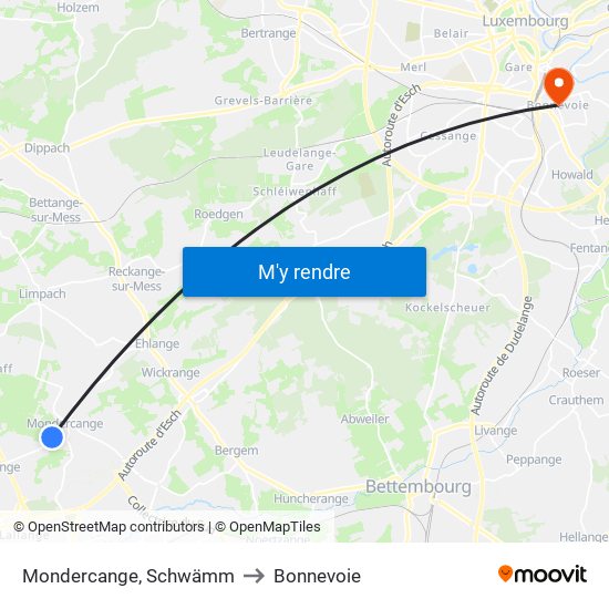 Mondercange, Schwämm to Bonnevoie map