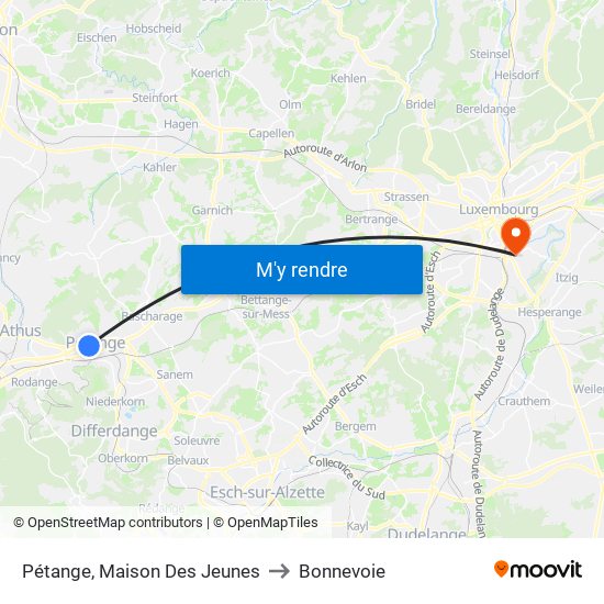 Pétange, Maison Des Jeunes to Bonnevoie map