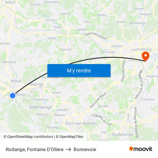 Rodange, Fontaine D'Olière to Bonnevoie map