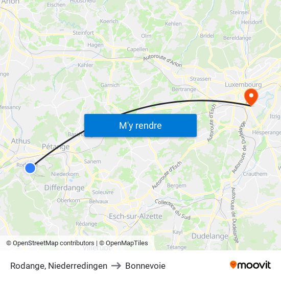 Rodange, Niederredingen to Bonnevoie map