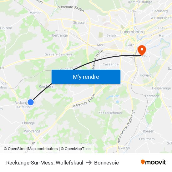 Reckange-Sur-Mess, Wollefskaul to Bonnevoie map