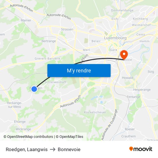 Roedgen, Laangwis to Bonnevoie map