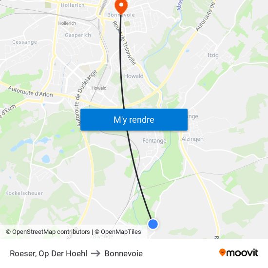 Roeser, Op Der Hoehl to Bonnevoie map