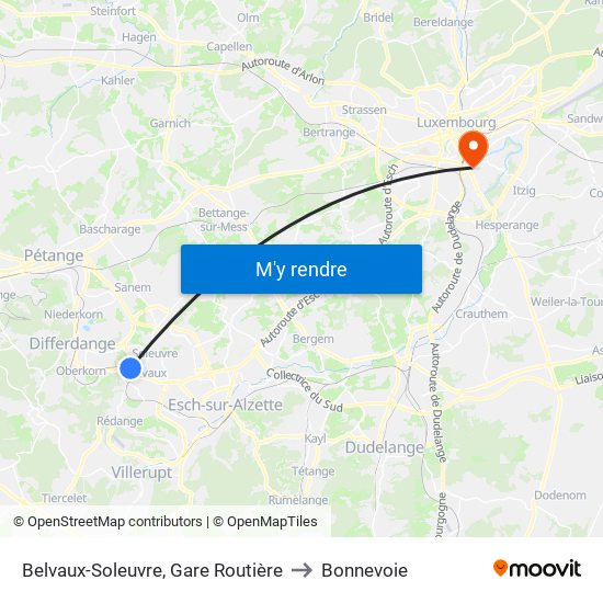 Belvaux-Soleuvre, Gare Routière to Bonnevoie map