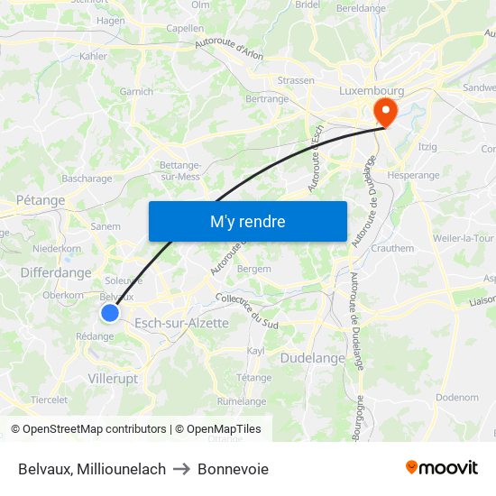 Belvaux, Milliounelach to Bonnevoie map