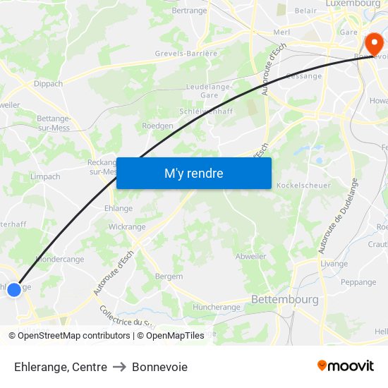 Ehlerange, Centre to Bonnevoie map
