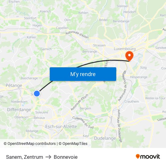 Sanem, Zentrum to Bonnevoie map