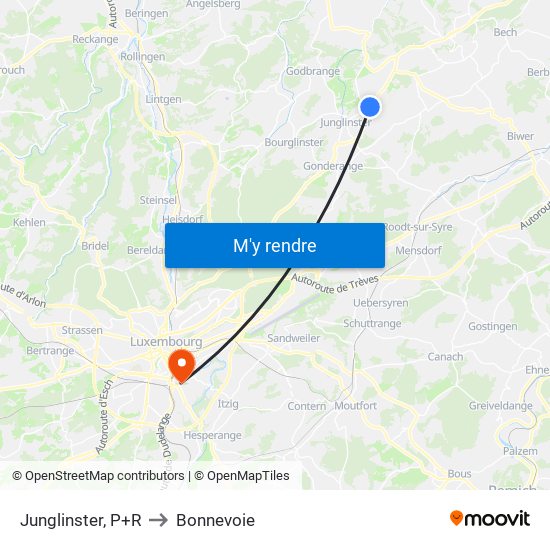 Junglinster, P+R to Bonnevoie map