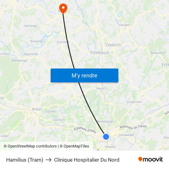 Hamilius (Tram) to Clinique Hospitalier Du Nord map