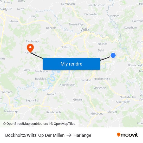 Bockholtz/Wiltz, Op Der Millen to Harlange map