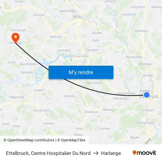 Ettelbruck, Centre Hospitalier Du Nord to Harlange map