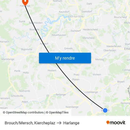 Brouch/Mersch, Kiercheplaz to Harlange map