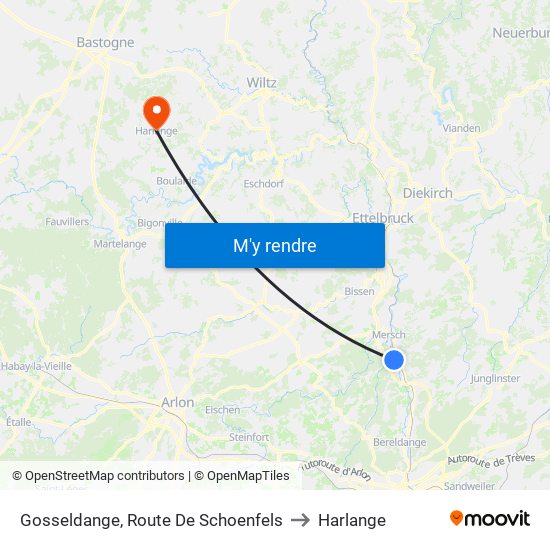 Gosseldange, Route De Schoenfels to Harlange map