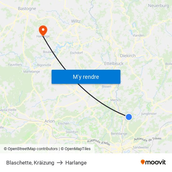 Blaschette, Kräizung to Harlange map