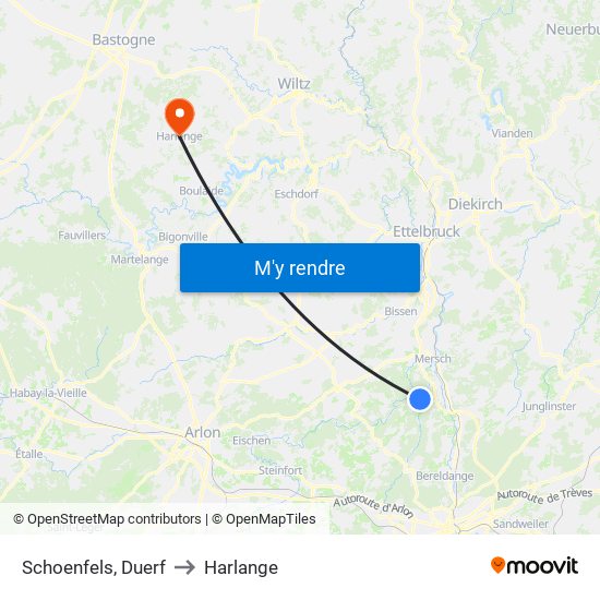 Schoenfels, Duerf to Harlange map